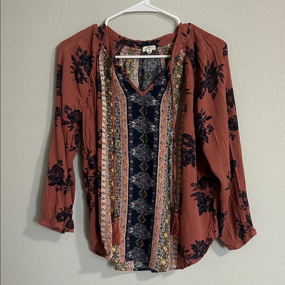 Bohemian Floral Women's Blouse - Rust and Navy